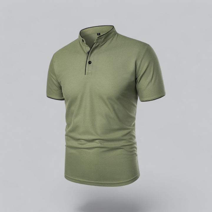 Contrast Trim Stand Collar Button Placket Short Sleeve Polo Shirt