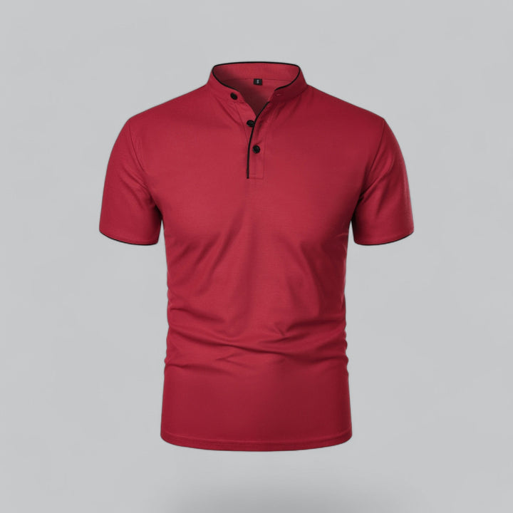 Contrast Trim Stand Collar Button Placket Short Sleeve Polo Shirt