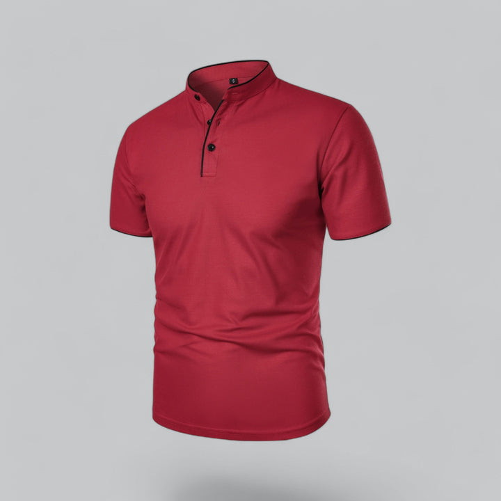 Contrast Trim Stand Collar Button Placket Short Sleeve Polo Shirt
