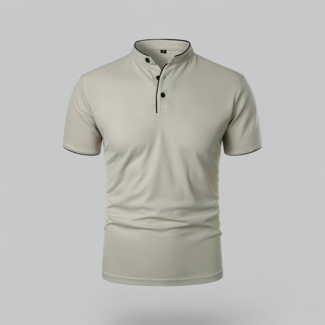 Contrast Trim Stand Collar Button Placket Short Sleeve Polo Shirt