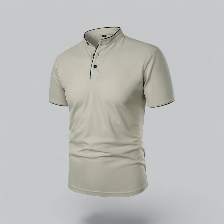 Contrast Trim Stand Collar Button Placket Short Sleeve Polo Shirt