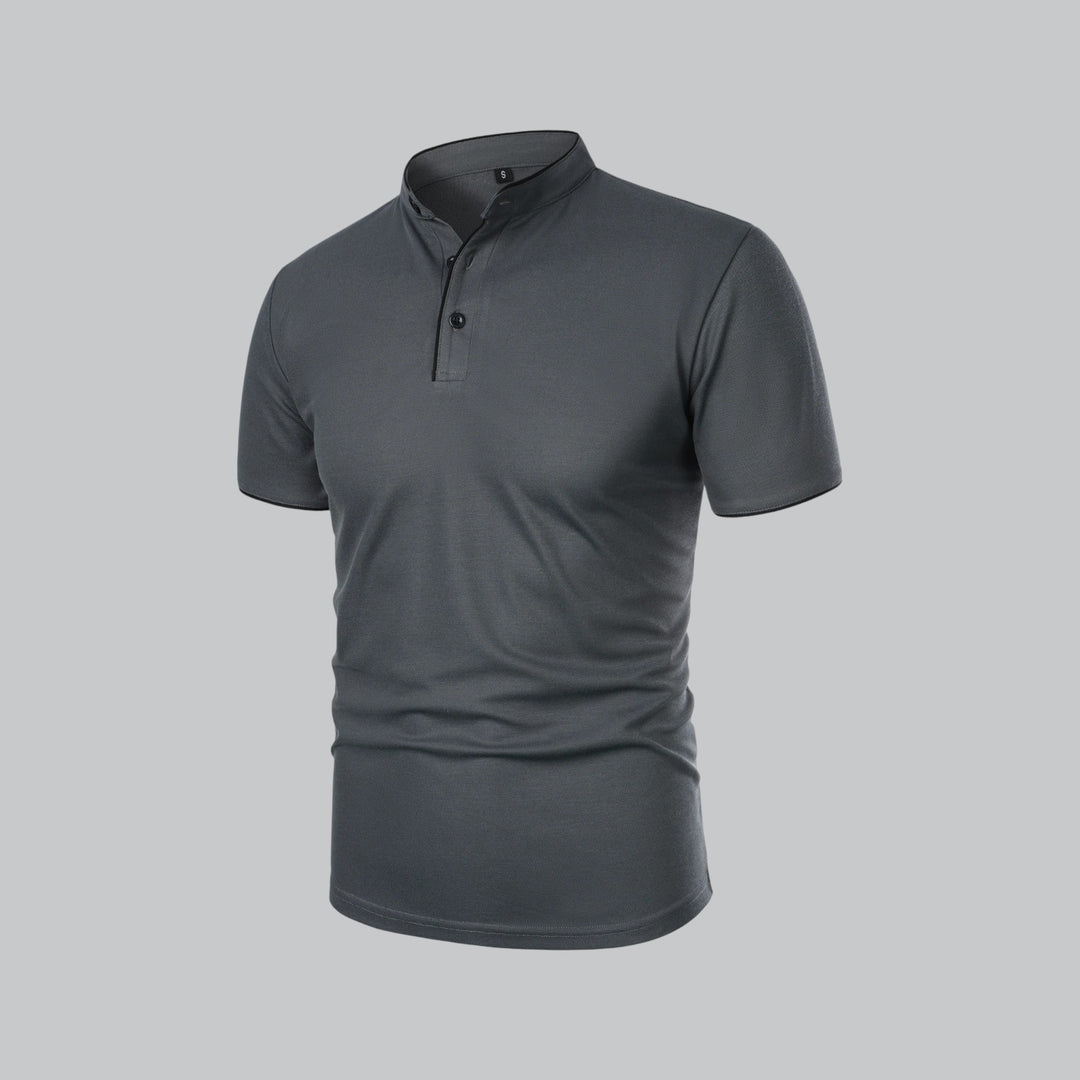 Contrast Trim Stand Collar Button Placket Short Sleeve Polo Shirt