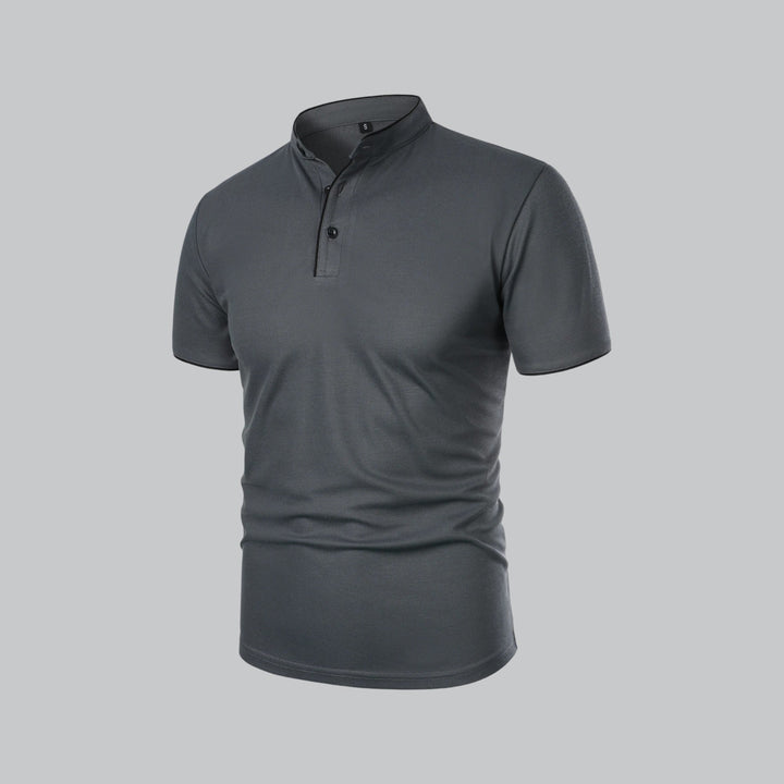 Contrast Trim Stand Collar Button Placket Short Sleeve Polo Shirt