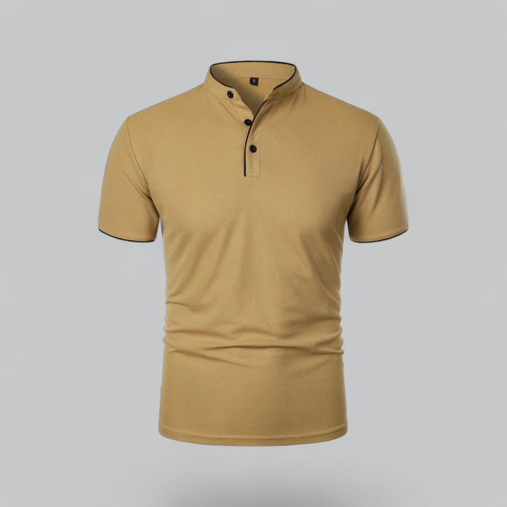 Contrast Trim Stand Collar Button Placket Short Sleeve Polo Shirt