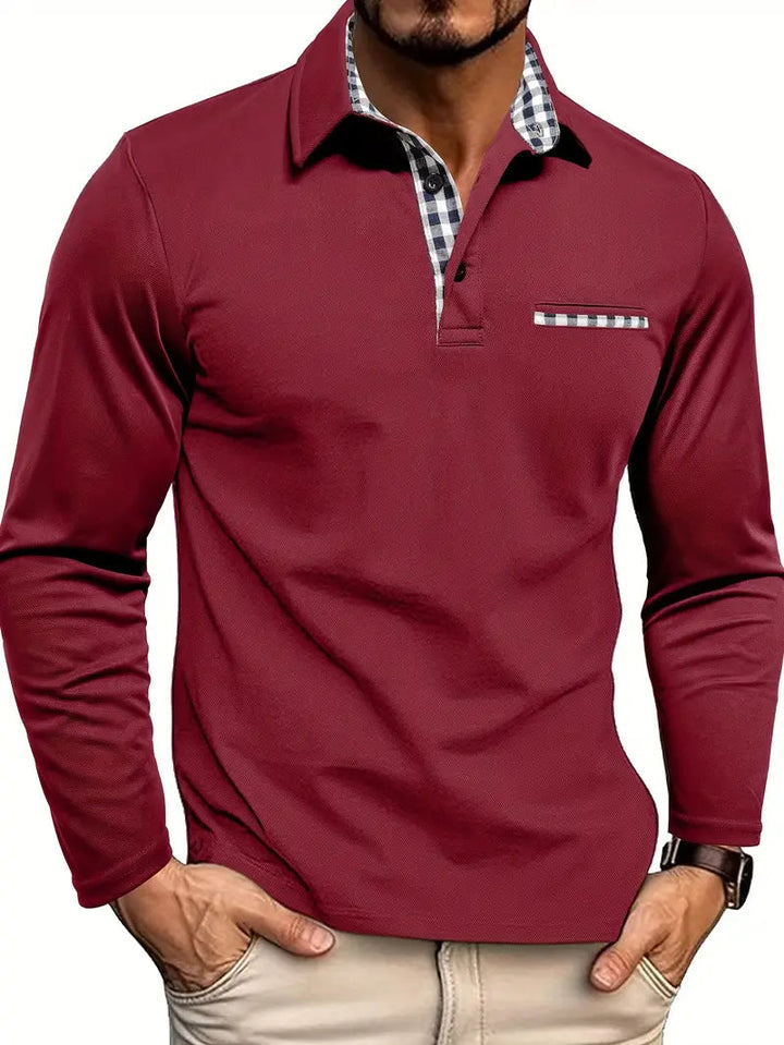 Checked Collar Placket Long Sleeve Polo Shirt