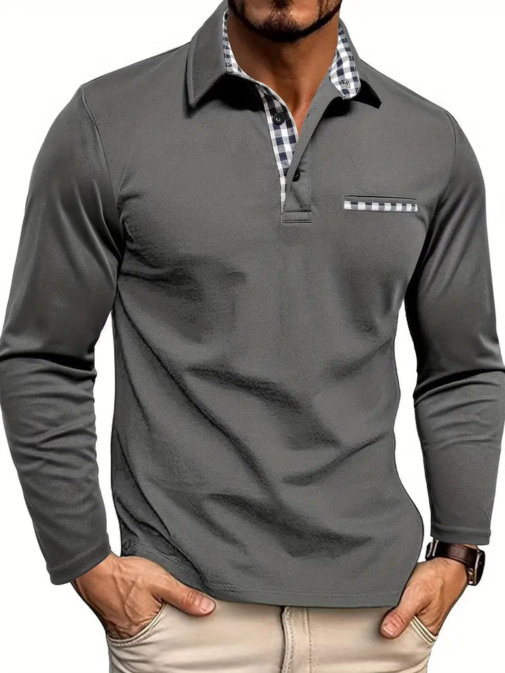 Checked Collar Placket Long Sleeve Polo Shirt