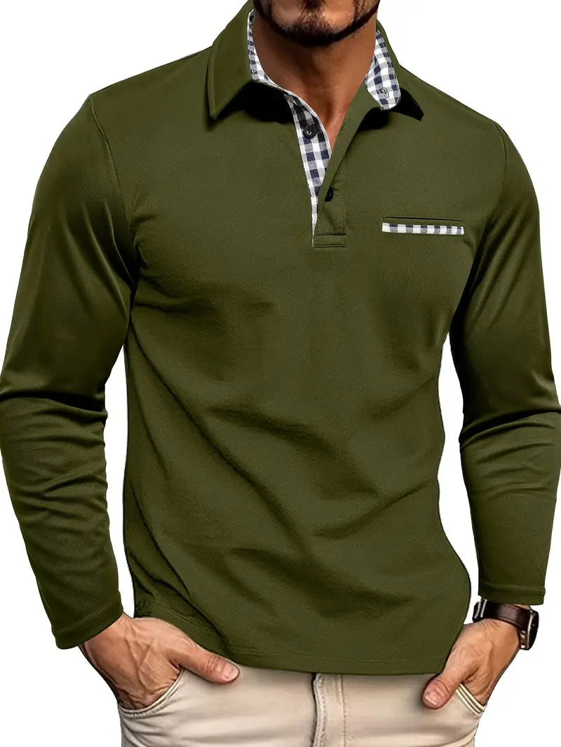 Checked Collar Placket Long Sleeve Polo Shirt