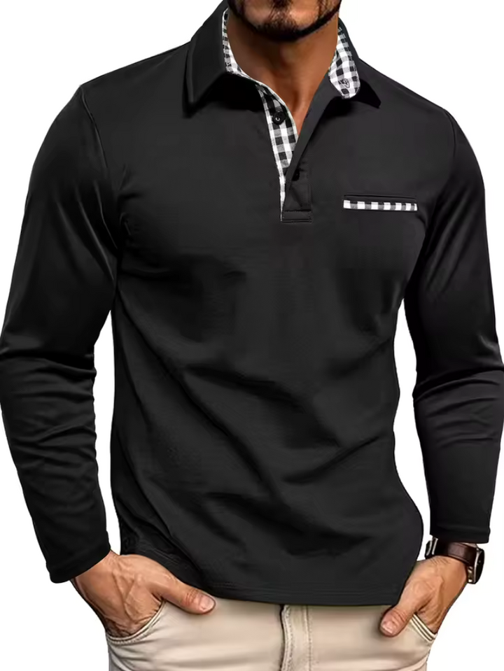 Checked Collar Placket Long Sleeve Polo Shirt
