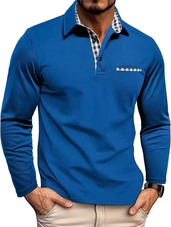 Checked Collar Placket Long Sleeve Polo Shirt