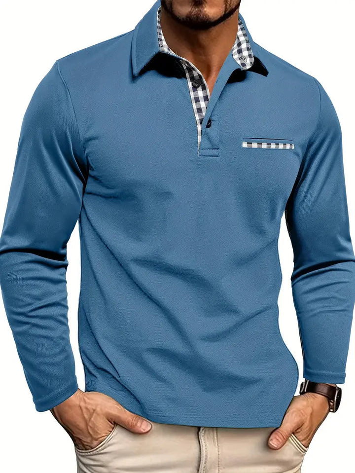 Checked Collar Placket Long Sleeve Polo Shirt