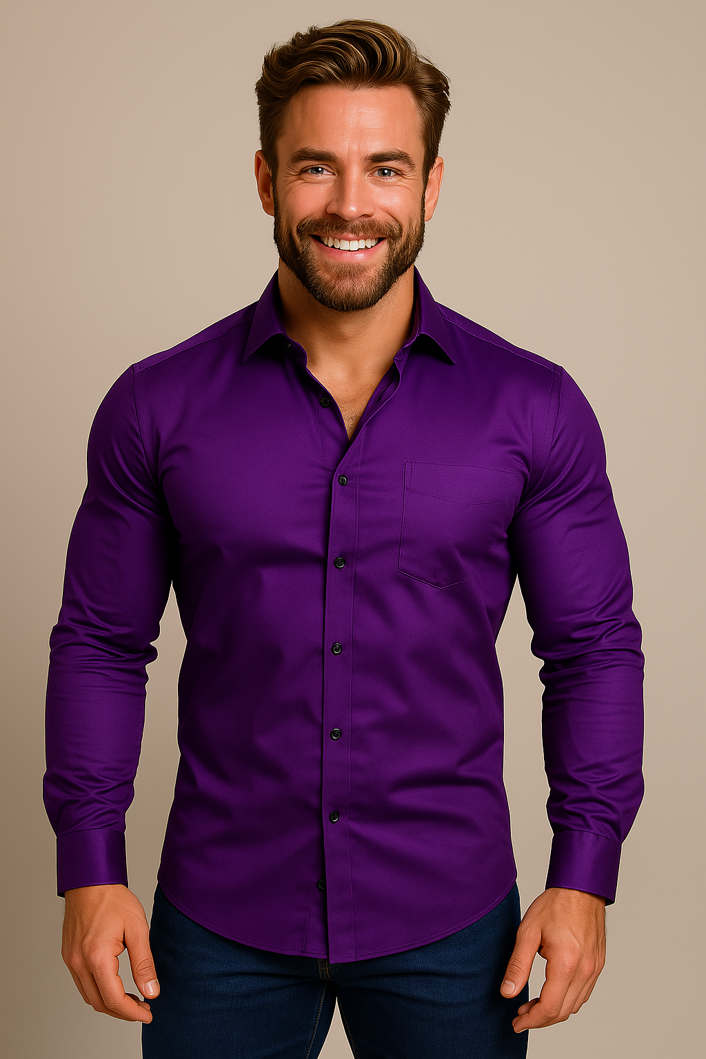 Slim Fit Long Sleeve Chest Pocket Dress Shirt Men