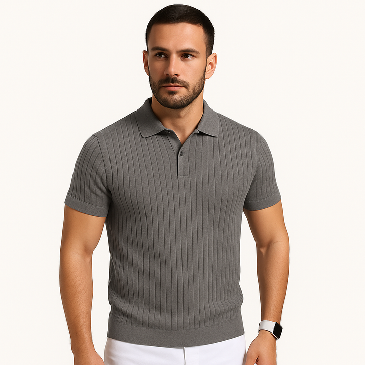 Ribbed Knit Open Collar Muscle Fit Short Sleeve Polo Shirt