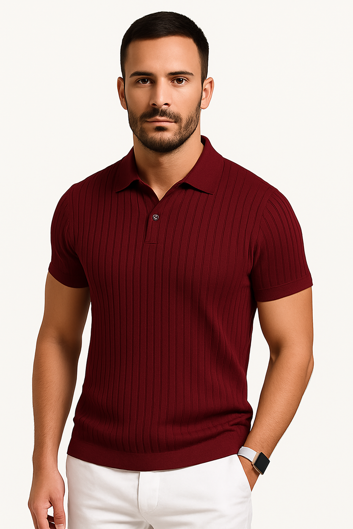 Ribbed Knit Open Collar Muscle Fit Short Sleeve Polo Shirt