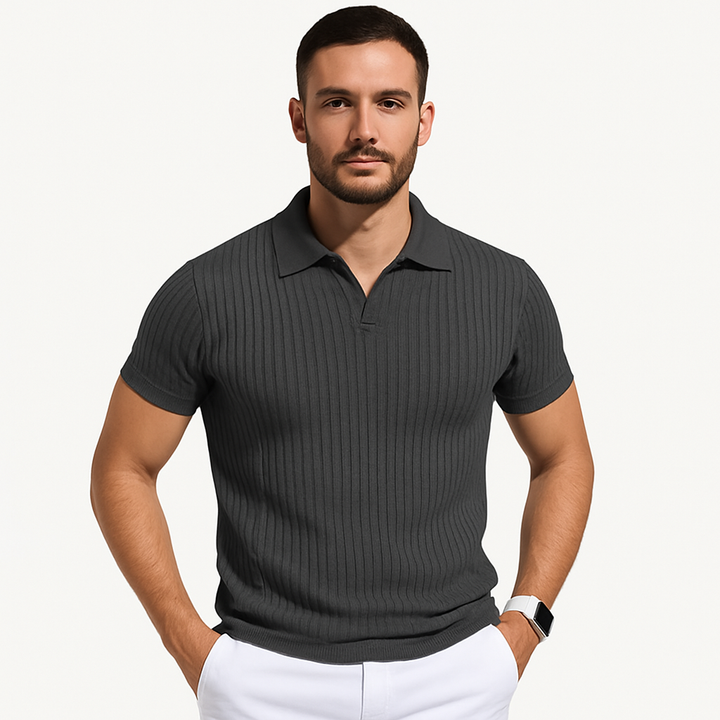 Ribbed Knit Open Collar Muscle Fit Short Sleeve Polo Shirt
