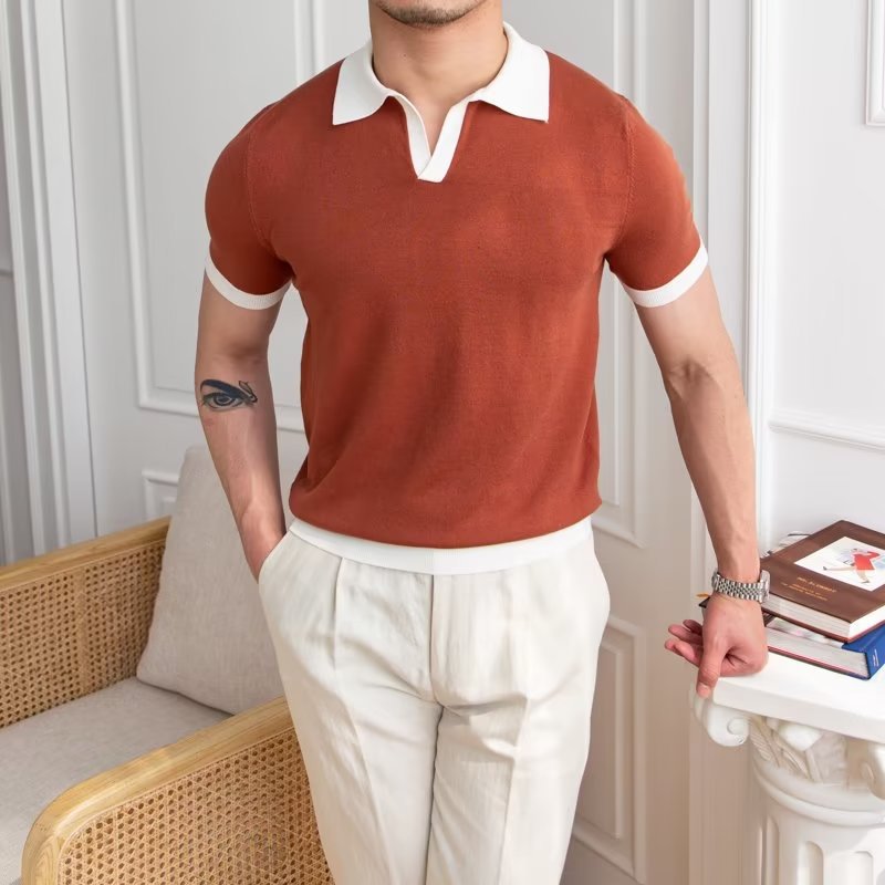 Contrast Collar Cuff Trim Open Neck Slim Knit Polo Shirt