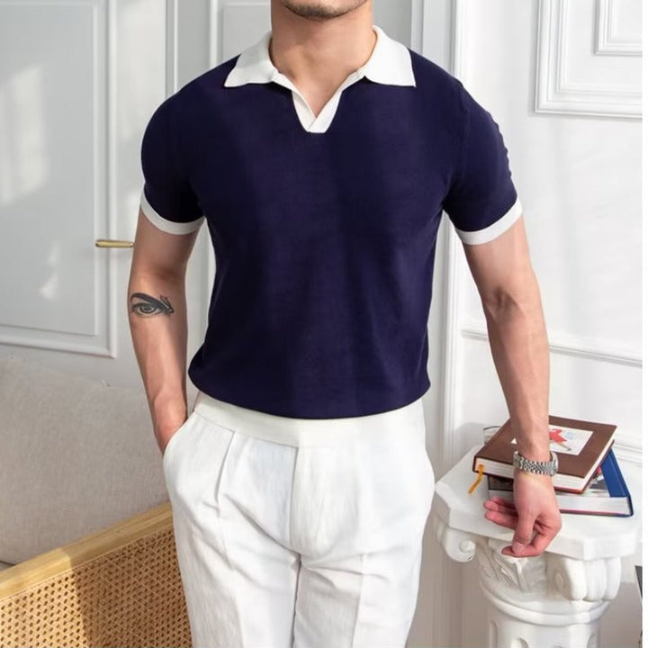 Contrast Collar Cuff Trim Open Neck Slim Knit Polo Shirt