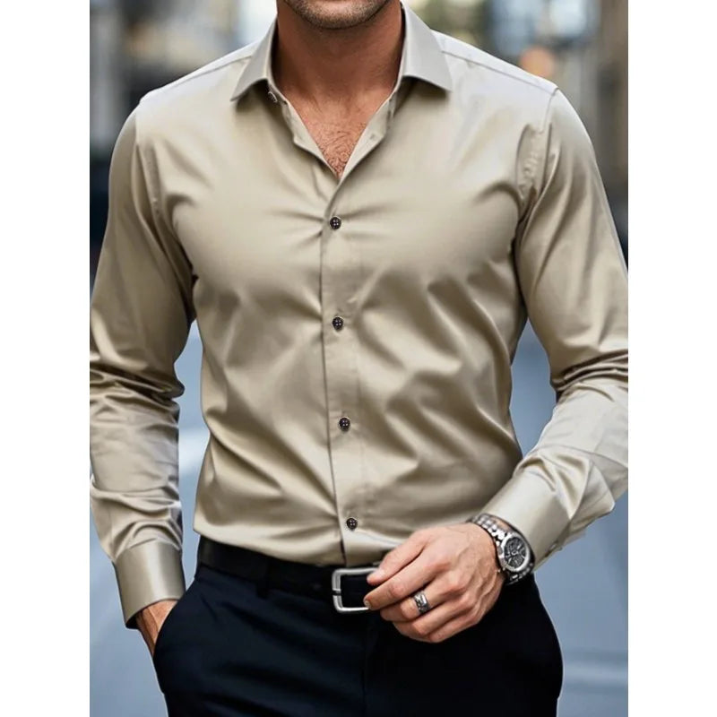 Slim Fit Contrast Button Long Sleeve Dress Shirt Men