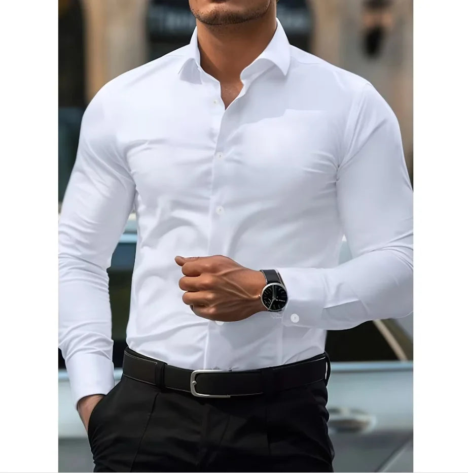 Slim Fit Contrast Button Long Sleeve Dress Shirt Men