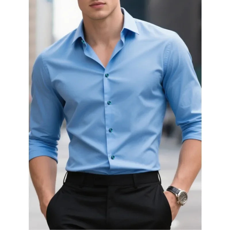 Slim Fit Contrast Button Long Sleeve Dress Shirt Men