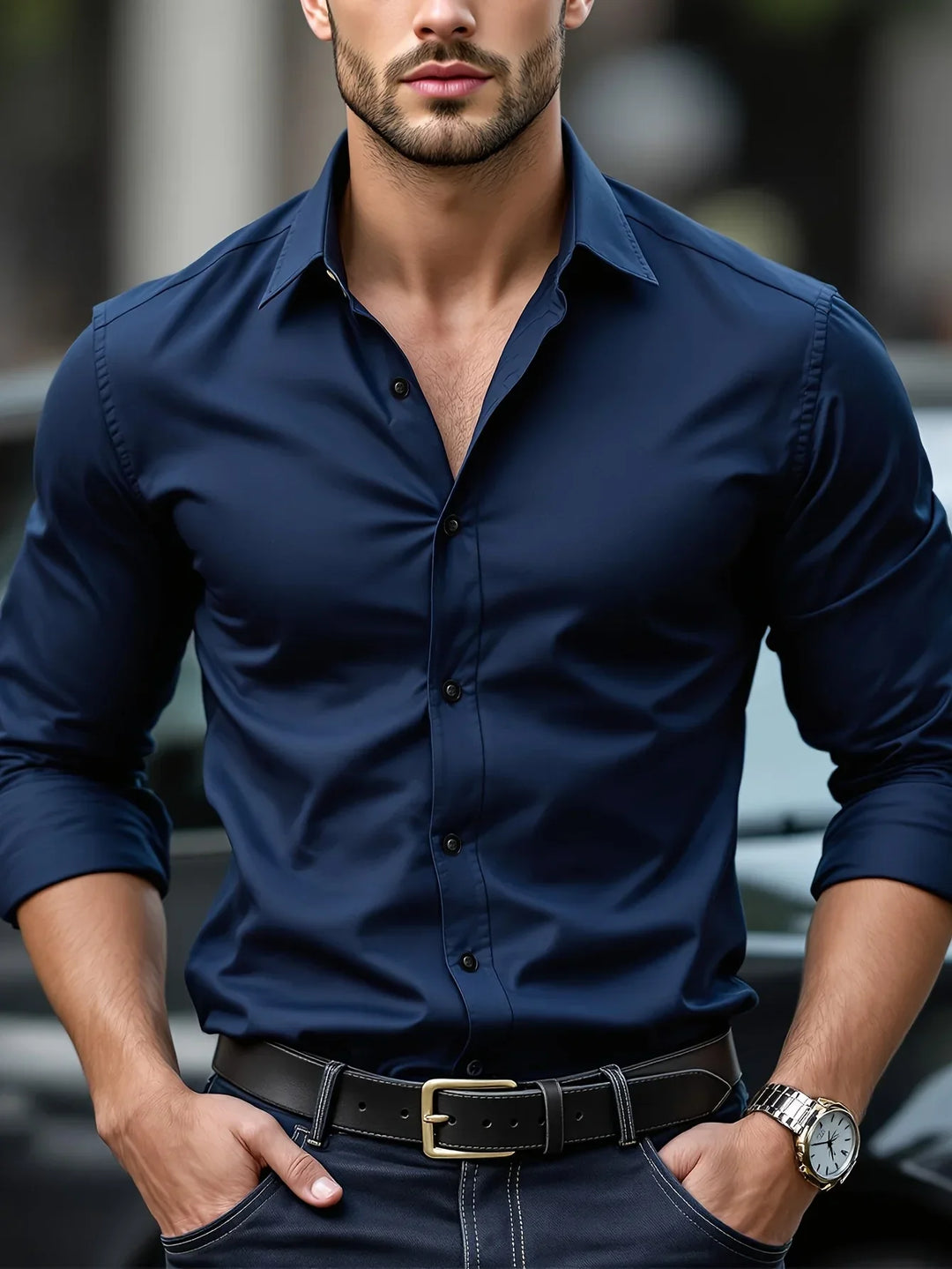 Slim Fit Contrast Button Long Sleeve Dress Shirt Men