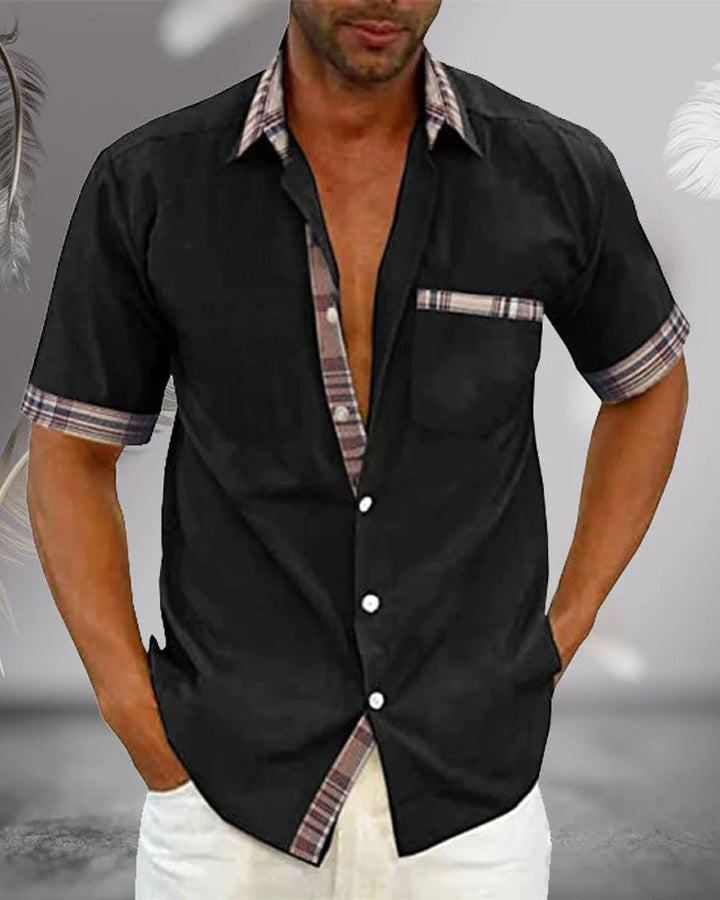 Plaid Trim Short Sleeve Linen Shirt Men