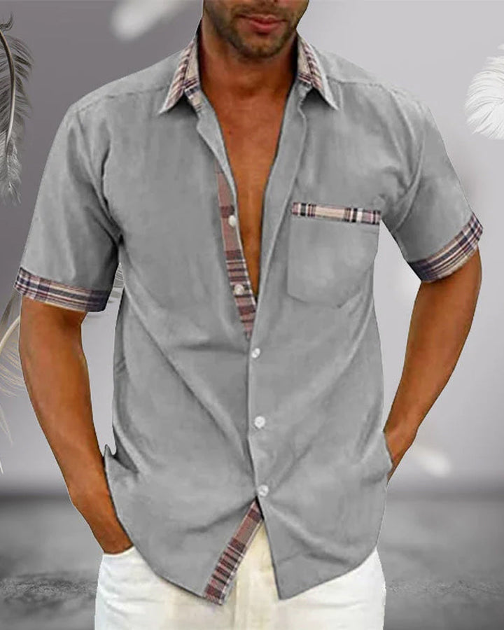 Plaid Trim Short Sleeve Linen Shirt Men
