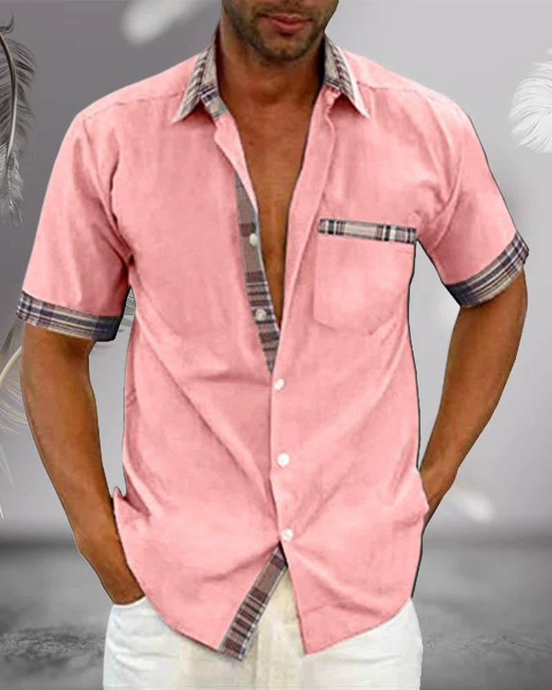 Plaid Trim Short Sleeve Linen Shirt Men