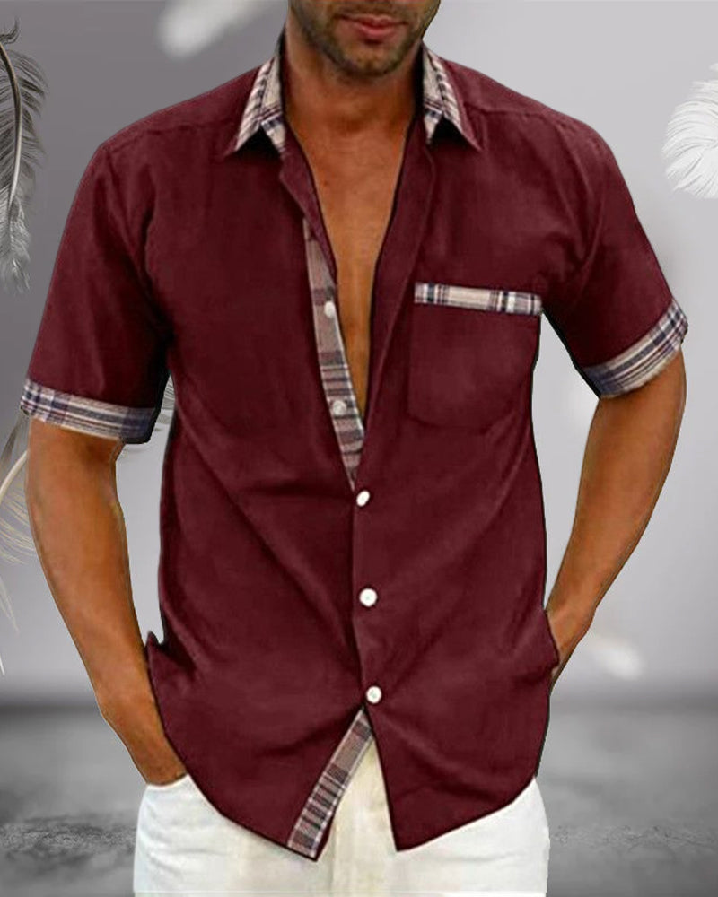 Plaid Trim Short Sleeve Linen Shirt Men