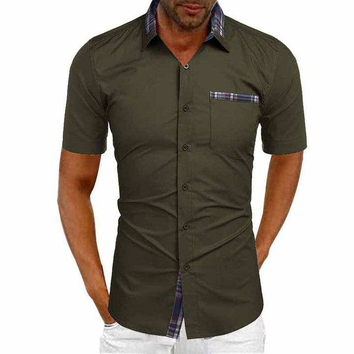 Plaid Trim Short Sleeve Linen Shirt Men