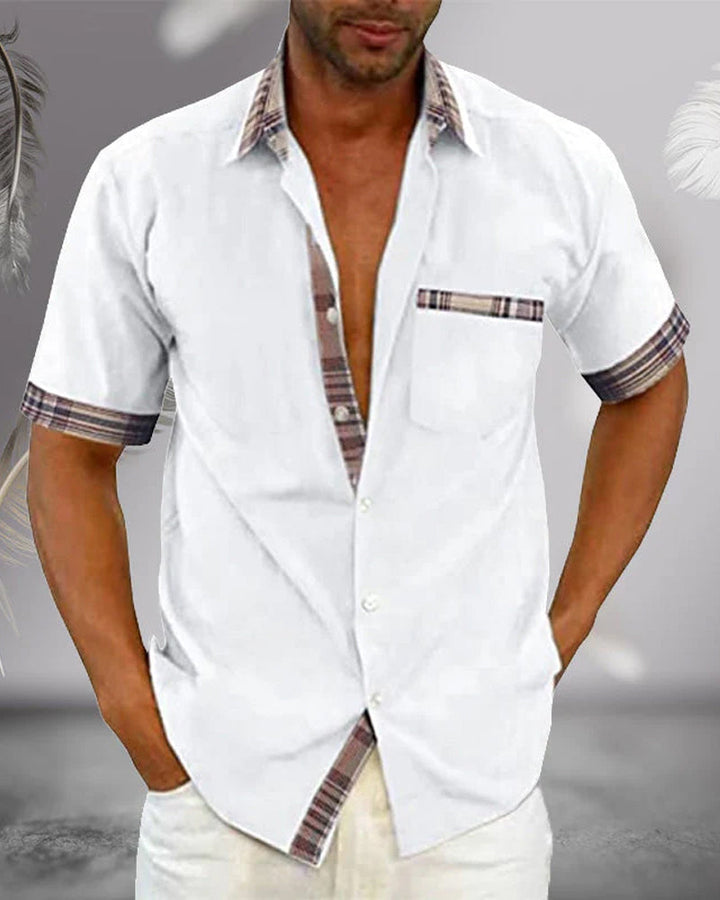 Plaid Trim Short Sleeve Linen Shirt Men