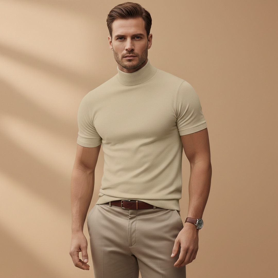 Short Sleeve Mock Neck Muscle Fit Knit T-Shirt
