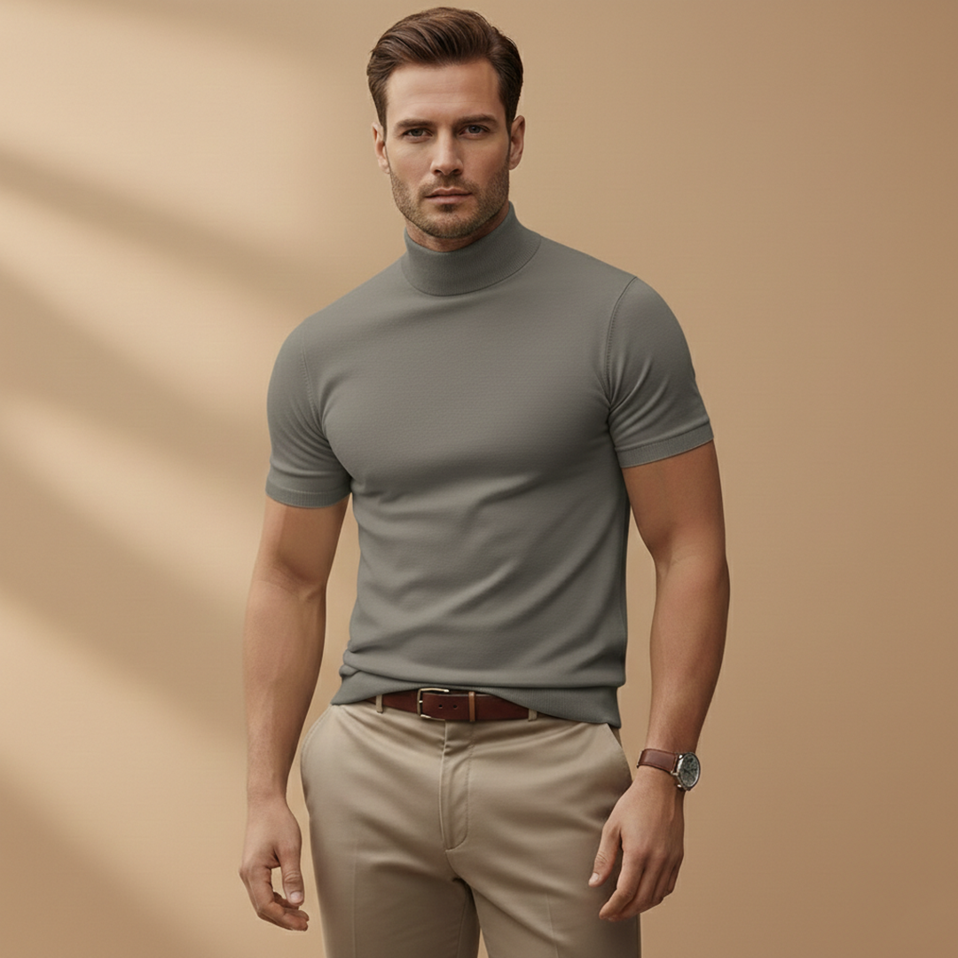 Short Sleeve Mock Neck Muscle Fit Knit T-Shirt