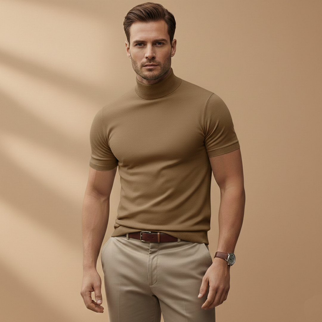 Short Sleeve Mock Neck Muscle Fit Knit T-Shirt
