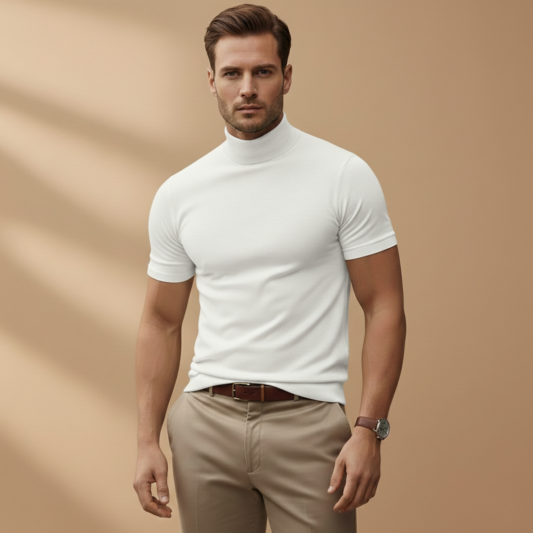 Short Sleeve Mock Neck Muscle Fit Knit T-Shirt