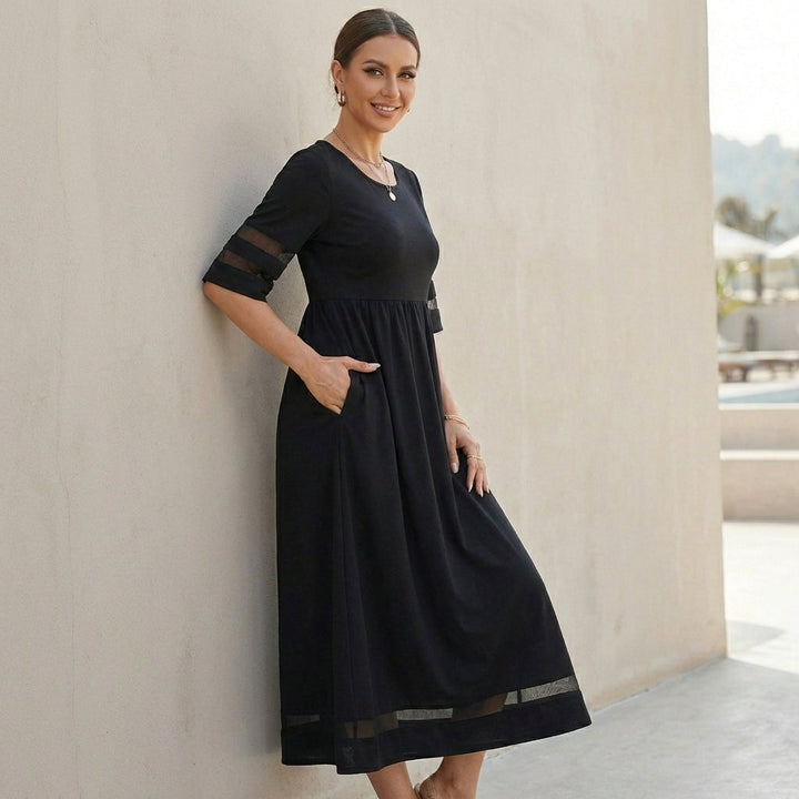 A-Line Maxi Dress with Mesh Panels and Pockets for Women – Stylish Comfortable Design