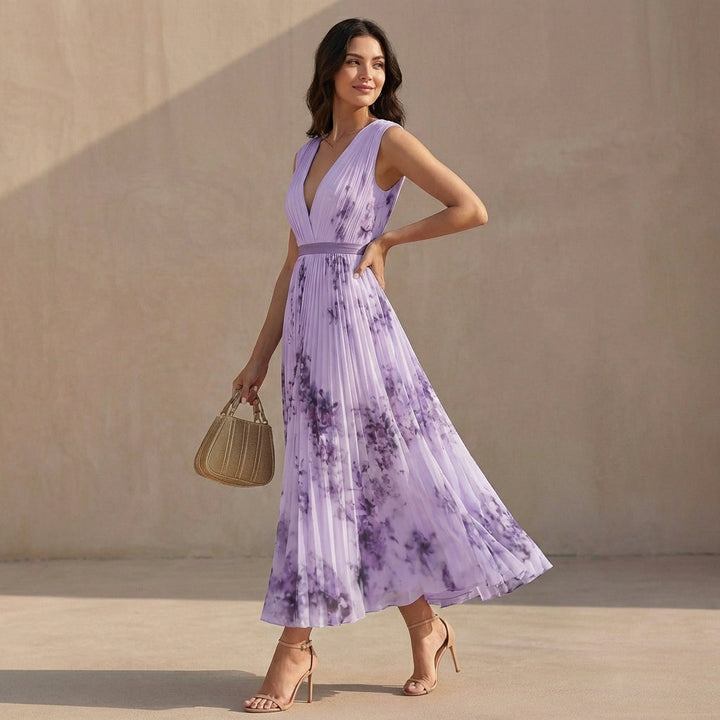 Women's Floral Pleated Maxi Dress Deep V Neck Sleeveless Wedding Guest