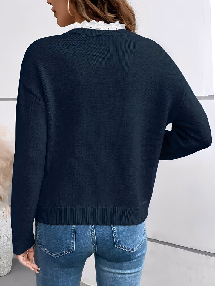 Rosamund | Women's V-Neck Sweater with Scalloped Lace Insert