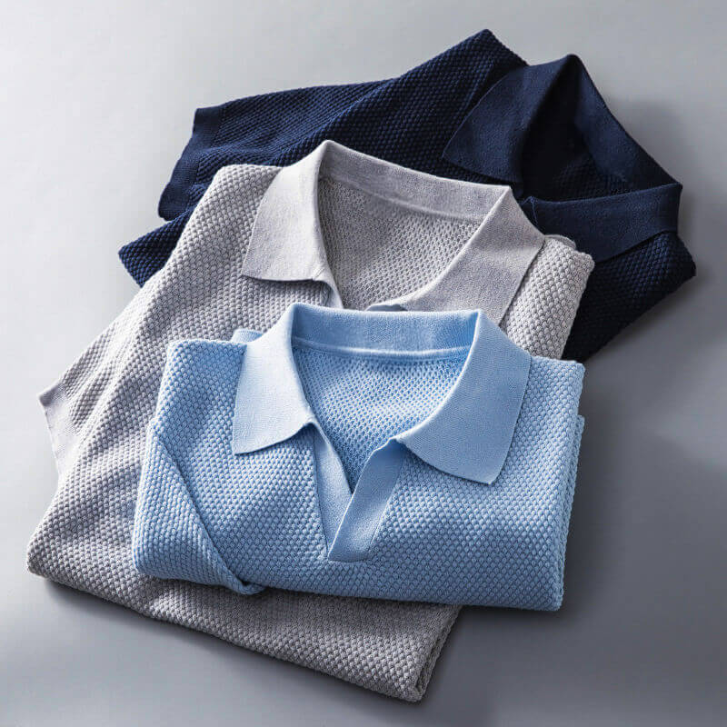 Waffle Knit Open Collar Relaxed Fit Short Sleeve Polo Shirt