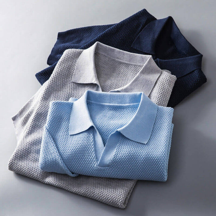 Waffle Knit Open Collar Relaxed Fit Short Sleeve Polo Shirt