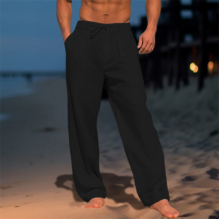 Pleated Drawstring Linen Mens Casual Trousers - Resort Summer