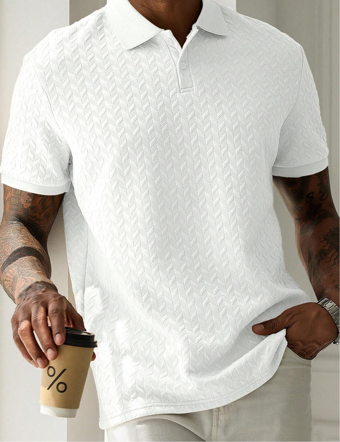 Chevron Texture Button Placket Short Sleeve Knit Polo Shirt