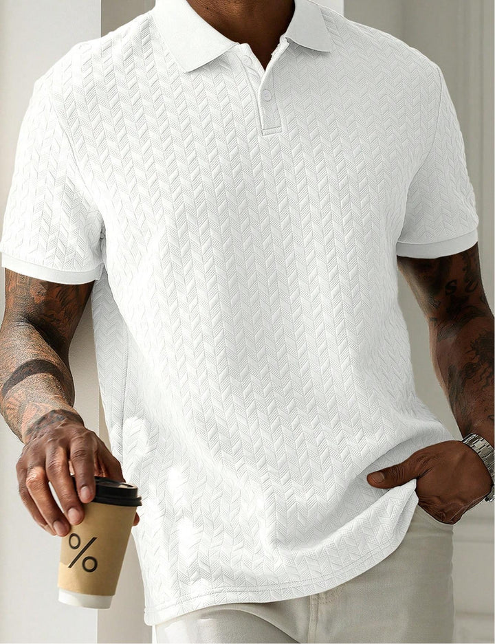 Chevron Texture Button Placket Short Sleeve Knit Polo Shirt