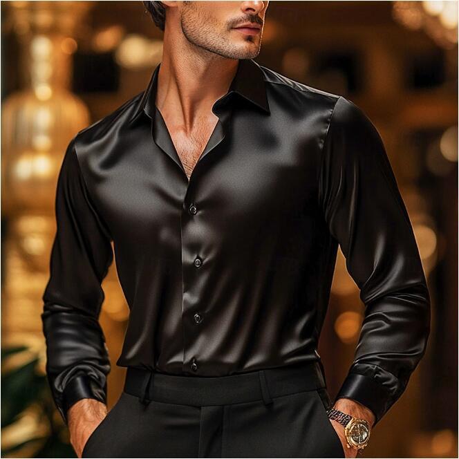 Satin Finish Slim Fit Long Sleeve Button Down Mens Dress Shirt