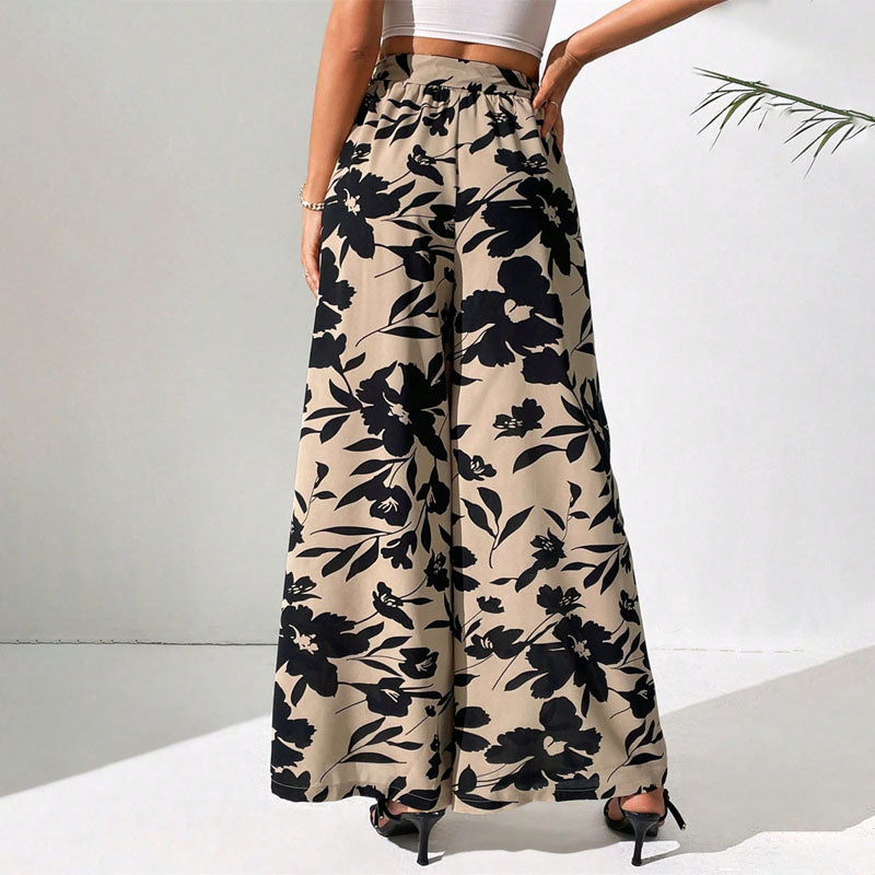 Floral Print Belted High Waisted Wide Leg Pants Women