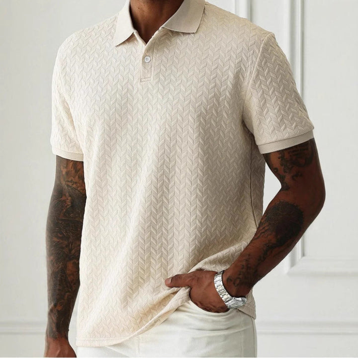 Chevron Texture Button Placket Short Sleeve Knit Polo Shirt