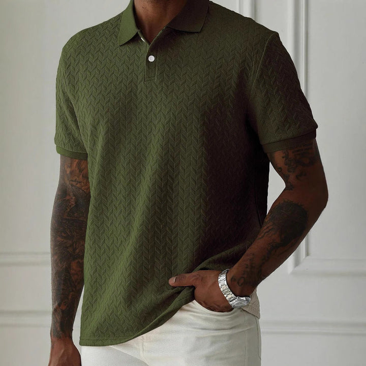 Chevron Texture Button Placket Short Sleeve Knit Polo Shirt