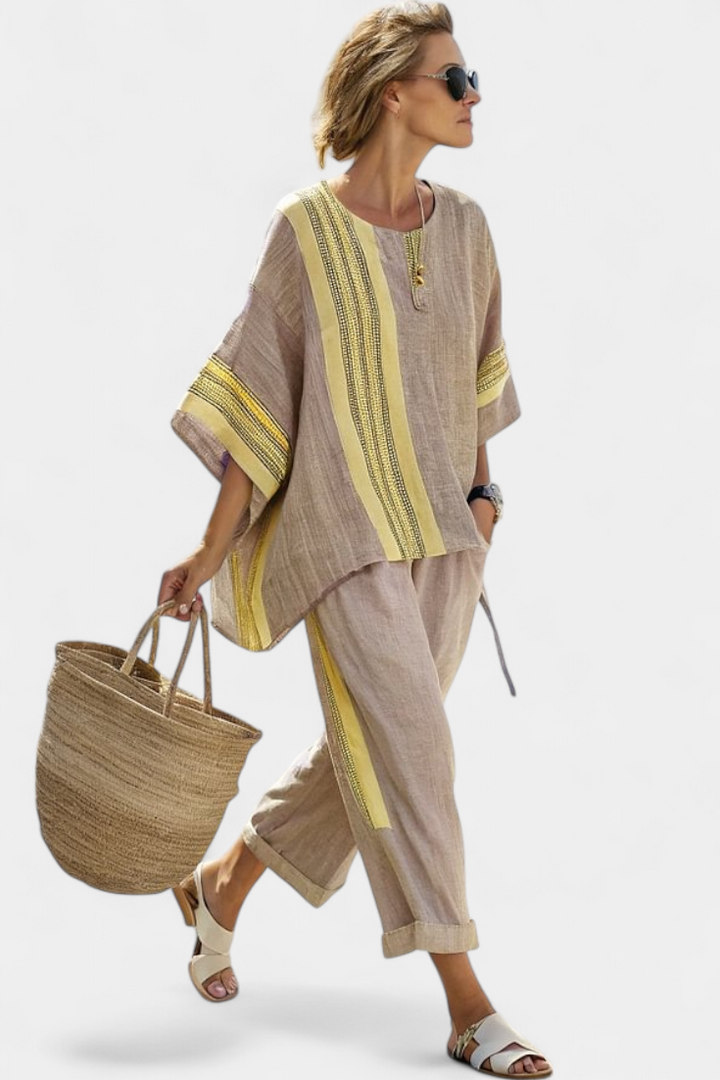 Embroidered Stripe Oversized Linen Two Piece Set Women