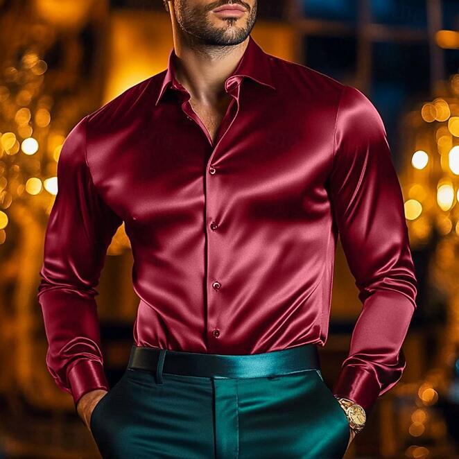 Satin Finish Slim Fit Long Sleeve Button Down Mens Dress Shirt
