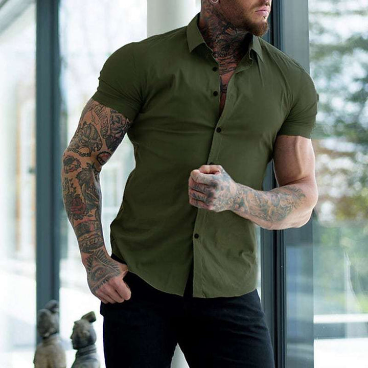 Contrast Button Point Collar Short Sleeve Muscle Fit Mens Casual Shirt