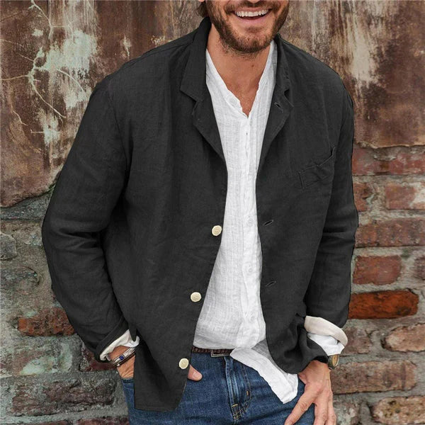 Notch Lapel Three Button Chest Pocket Linen Blazer
